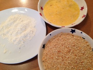 Egg, flour and breadcrumbs