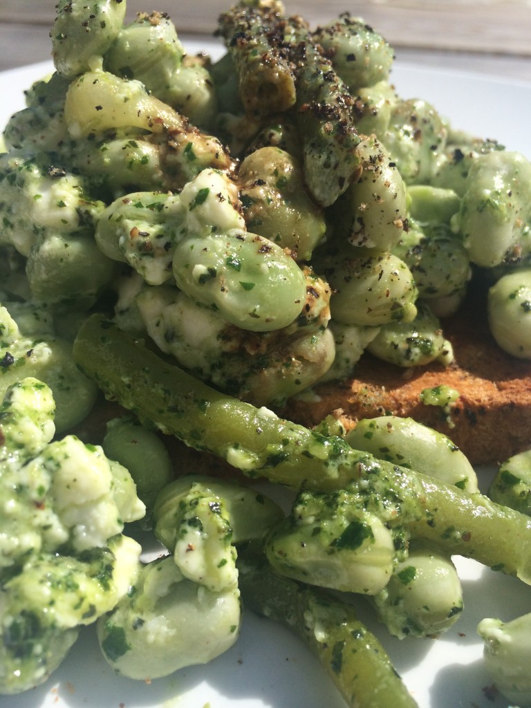 broad beans and pesto